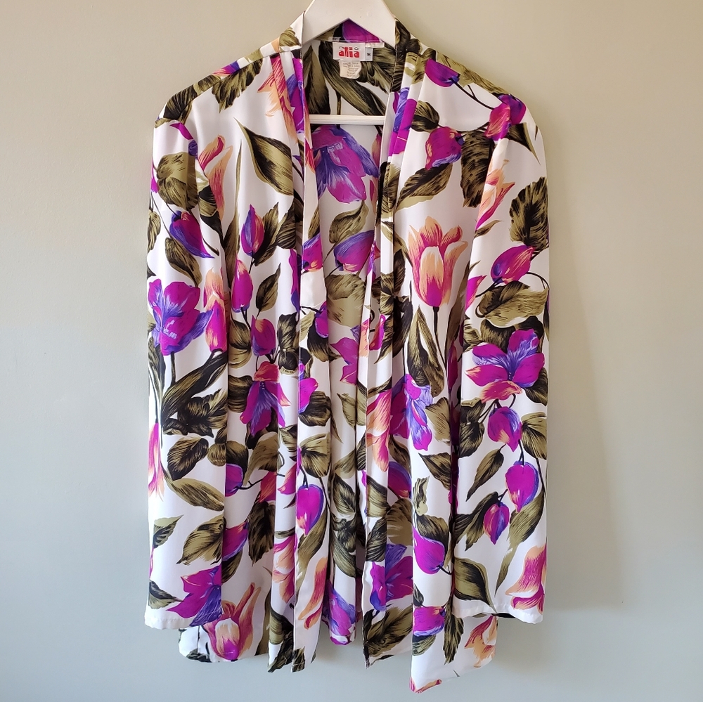 Alia 16 Vintage 90s Romantic Feminine Bold Floral Resortwear Satin Kimono - Picture 2 of 16